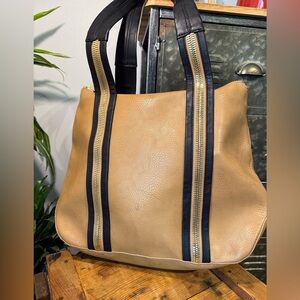 Big Buddha Brand Bag - Cognac and Black Leather and Zipper Strap Design